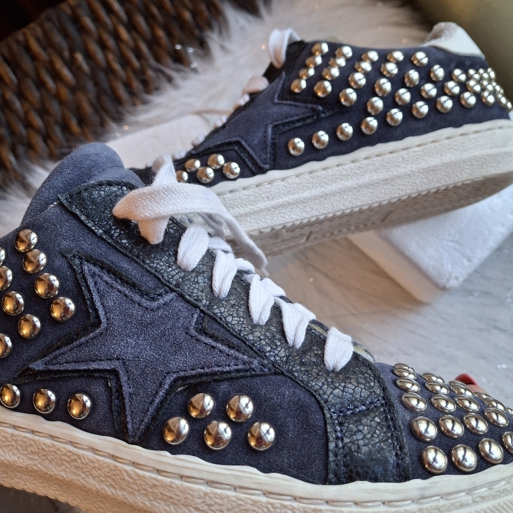 The Shoe Box Studs Side Star Suede Blue Lace-up Sneakers Italy Women Size 37/US7 - Picture 4 of 16